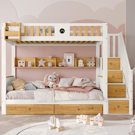 Lit superposé, nombreux rangements, structure en pin et MDF, lit enfant avec 4 casiers dans l'escalier, barrière de sécurité et 2 tiroirs, étagère ouverte, blanc et naturel, 90x200cm, garantie 2 ans