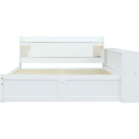 Cama doble 140x200 cm con cabecero de almacenamiento, 2 lámparas, enchufe y cajones, blanco (1/5)