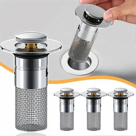 Bouchon de lavabo avec filtre à cheveux, crépine de lavabo en acier inoxydable, filtre de lavabo pour cheveux, crépine de lavabo escamotable H (1/5)