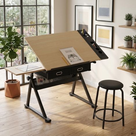 Table à dessin réglable en MDF et métal avec 2 tiroirs et tabouret, couleur érable (1/5)