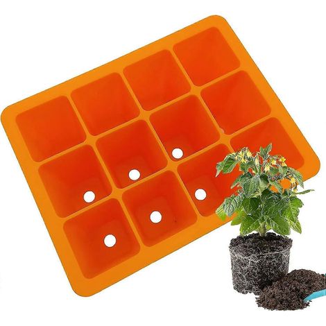 Plateau de semis en silicone réutilisable, 12 alvéoles, idéal pour les semis de légumes et de fleurs.-Orange (1/5)