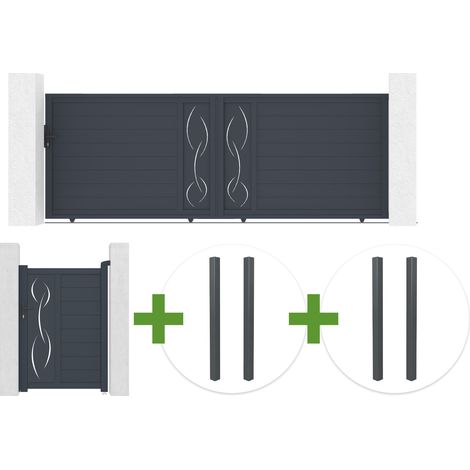 Portail coulissant 4m LIFE H.140cm aluminium gris + Portillon 1m LIFE H.140cm aluminium gris + 4 poteaux ELDA (1/5)