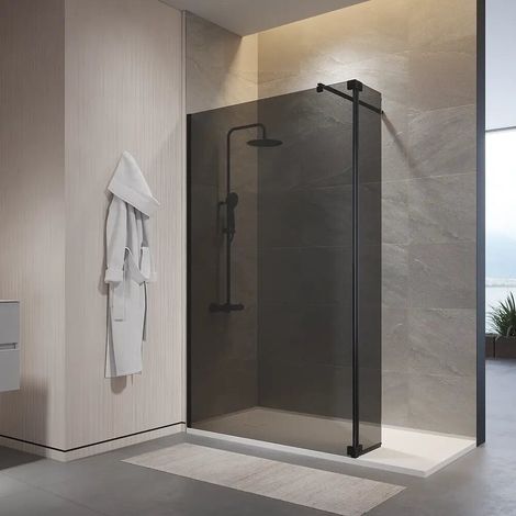 Cabine de douche à l italienne 140 cm porte de 30 cm verre trempé anti calcaire de 10 mm teinte fumée profilés noirs Naxos (1/4)