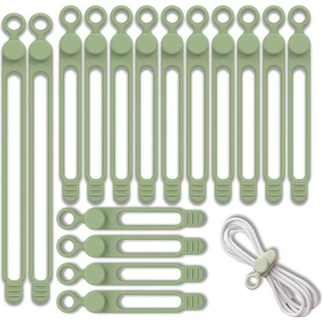 Bridas reutilizables para cables, Controla el caos de cables, Silicona suave y ecológica, 16 piezas de diferentes tamaños, Verde (1/5)