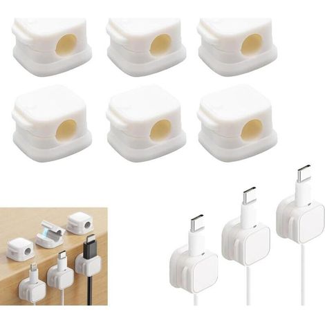 Lot de 6 supports de câbles réglables - Gestion des câbles magnétique - Auto-adhésif - Pour bureau, table de chevet, câbles de charge, HDMI, USB, câbles audio - Blanc (1/4)