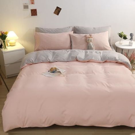 Parure de drap en Coton lavé - Parure de lit 4 Pcs avec 2 Taies d'oreiller, 1 Drap, 1 Housse de Couette - Blanc Rose - 200x230cm (1/4)