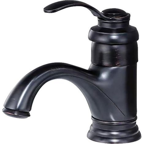 Robinet de lavabo en cuivre massif, mono-commande, bec bas et montage sur plan de travail – Noir mat, 20 cm (1/4)