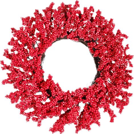 Guirlande De Noël - Baies Rouges Denses - Base En Rattan Artificiel - 50 Cm De Diamètre - Pour Intérieur Et Extérieur - 1 Pièce (1/5)