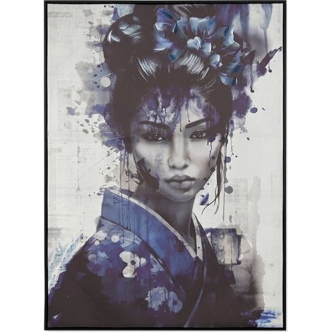 Tableau geisha bleu noir ambiance orientale sur toile encadrée - Bleu profond et noir élégant (1/4)