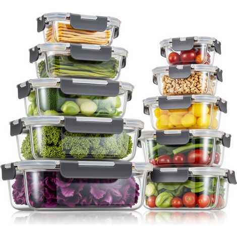 Lot de 10 boîtes de conservation en verre avec couvercle - Organiseur de réfrigérateur - Boîtes de conservation pour fruits et légumes - Sans BPA (1/5)