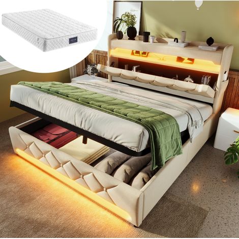 Lit double en lin beige 140x200 cm avec matelas, rangement hydraulique, tête de lit USB-C et LED (1/5)