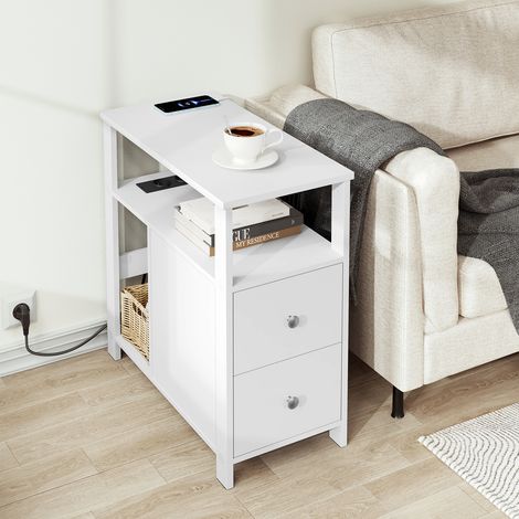 WOLTU Nachttisch mit Steckdos Ladefunktion, Beistelltisch mit 2 Schubladen 2 Ablagen 1 Fach, Sofatisch schmal mit 2 Steckdosen,2 USB-Anschlusse, bis 20 kg, Weiß