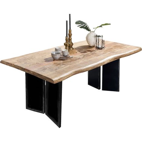 Table à Manger 240x100 cm en Bois de Manguier avec Bord Naturel et Pieds Métal - PANGIVO (1/4)