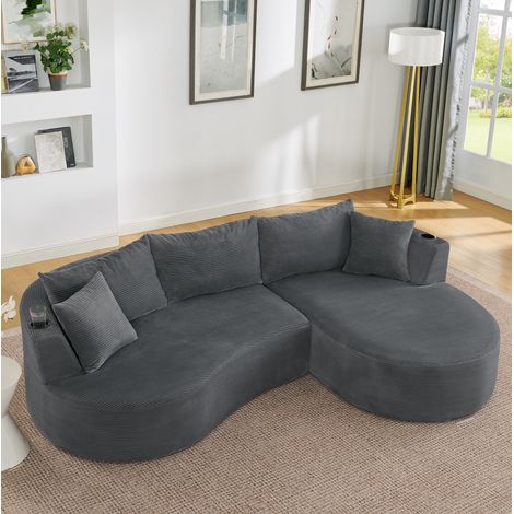 3-Sitzer-Couch mit Armlehnen und Becherhaltern, grauer Kordstoff HAVRYA (1/5)