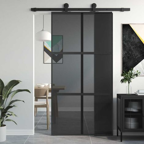 Porte Coulissante-Porte intérieure noir 102,5x205 cm verre trempé aluminium 247759 (1/5)