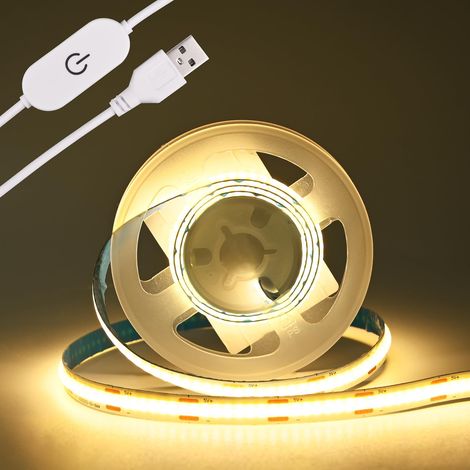 Bande lumineuse LED COB 5 V - Bande USB - 320 LED/m - Intensité variable - Rétroéclairage TV USB - Ruban flexible sous meuble - Pour chambre à coucher (blanc chaud 3000 K, 1 m) (1/5)