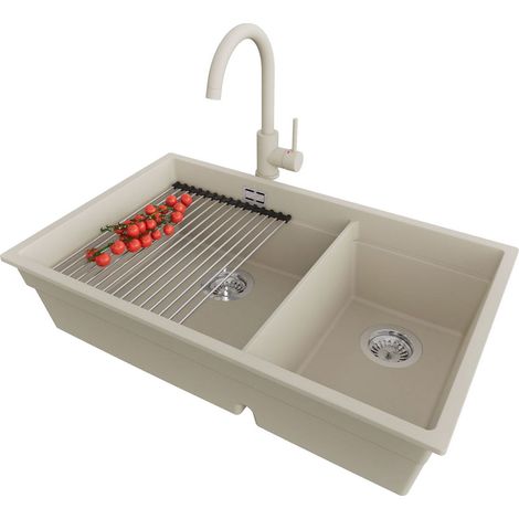 PRIMAGRAN Evier Cuisine en Granit 76x47cm, Lavabo 2 bacs + Kit de Vidage + Accessoire, Évier à Encastrer au meuble 80cm - Prague Slim Duo, Beige