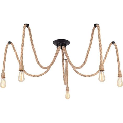 Suspension Luminaire Induistrielle Lampe Vintage Réglable Lampe Lustre,Suspensions en corde de chanvre créatif pour salon,salle de restaurant,bar,café (5 têtes) (1/5)