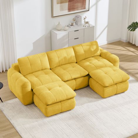 Divano modulare a U 3 posti 264x160x68 cm in ciniglia gialla con 2 pouf – MEUBLIV (1/5)