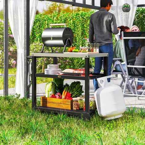 Carrito de Parrilla para Jardín o Terraza Carro de Servicio con Encimera Estantes y Ruedas para BBQ 102x50x81 cm Gris