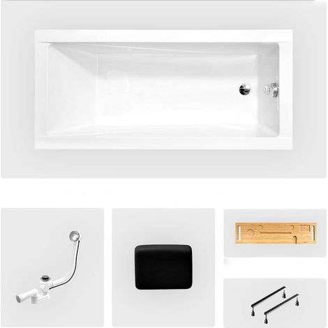 Rechteckige Badewanne - 130 x 70 cm - ohne Verkleidung - mit Füßen - Kopfstütze - Bambusablage - Chromablauf - MODERN