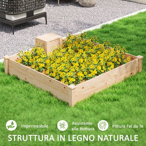 Bac de jardin en bois de sapin naturel avec composteur intégré et fond aéré, 123 x 123 x 25,5 cm, teinte naturelle pour plantes extérieures