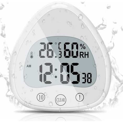 1 Horloge de salle de bain, étanche IP24, écran LCD tactile, thermomètre et hygromètre intégrés, ventouse et support intégré, usage cuisine et salle de bain (1/5)
