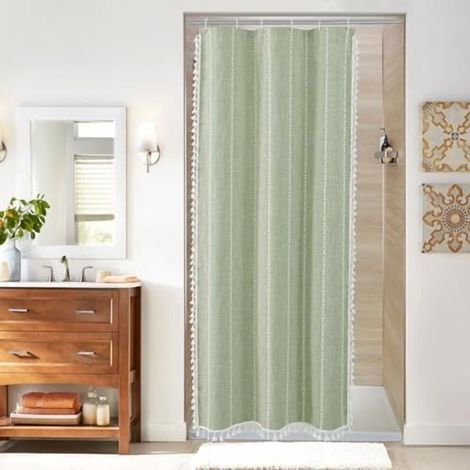 Mini-Duschvorhang im Bohème-Stil, salbeigrün, 36 x 72 Zoll, Polyester-Leinen mit Quasten, perfekt für Badezimmer im Landhausstil.