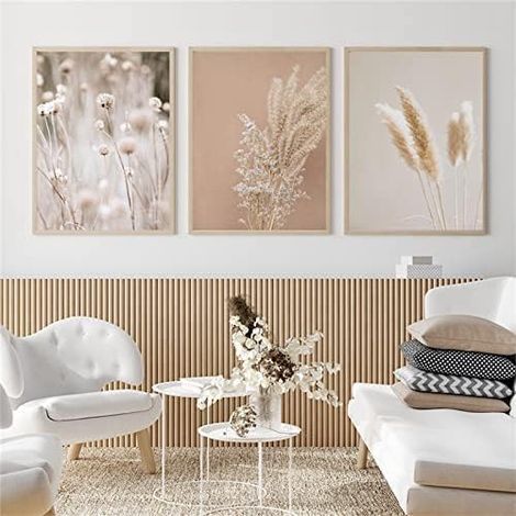 Lot de 3 tableaux muraux avec fleurs modernes en toile boho beige naturelle sans cadre (20 x 30 cm x 3) (1/5)