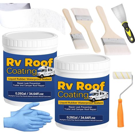 0.52Gal/69.28Fl.oz Revêtement de toit en caoutchouc liquide RV Revêtement de toit Camping Réparation Solaire Toit Brosse à bois Réfléchissante Couteau Nitrile Gants Roller Drywall Réparation Ruban (1/5)