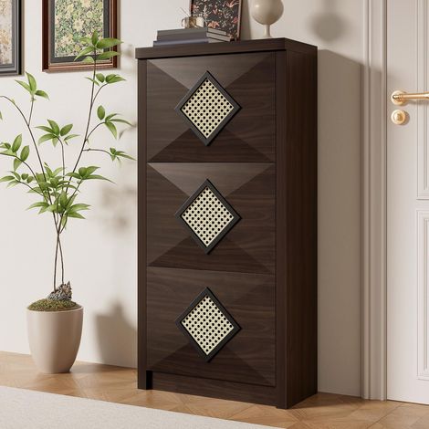 Scarpiera slim 54 x 25 x 115 cm marrone scuro effetto legno stile vintage retrò con 3 ante a ribalta decorazione cannage in rattan geometrico per ingresso stretto