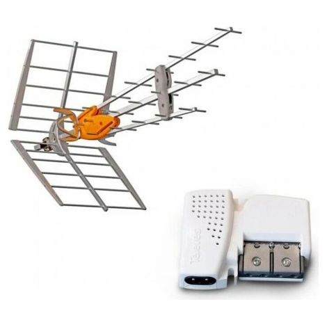 Pack antenne TNT UHF 42dB avec amplificateur compact 2 sorties – Gain 42dB – Réception optimale pour zones éloignées – Televes