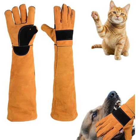 Gants en cuir renforcé anti-griffures - conviennent aux chiens, chats, reptiles, etc. - 1 paire, orange, 45 cm (1/5)