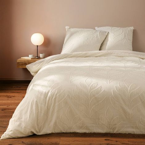 Parure de lit 3 pièces 240 x 220 cm microfibre unie tuftée CALITA Ivoire (1/2)