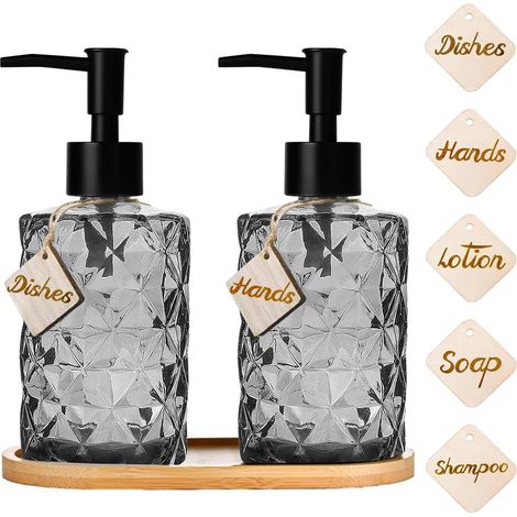 Distributeur de Savon à Vaisselle en Verre 2 pièces,Distributeur de Savon Vintage Noir avec Plateau,Ensemble de distributeurs de Savon Manuel Distributeur de Gel Douche pour Cuisine Salle de Bain (1/5)