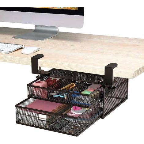 Tiroir de bureau 2 en 1 avec 2 tiroirs coulissants en maille métallique pour bureau et maison