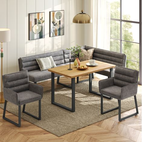 Tavolo da pranzo con panca angolare in MDF e chenille grigio effetto legno, set 4 posti compatto (1/5)
