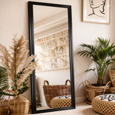 Miroir pleine longueur 160x50 cm, image nette, pied métallique inclinable, bois et métal, noir (1/5)
