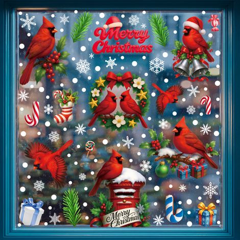 Décorations de Noël pour fenêtres, motifs d'oiseaux rouges mignons, décorations pour portes et fenêtres vitrées de chambre à coucher, autocollants statiques pour fenêtres - [Cinq combinaisons] 642-645
