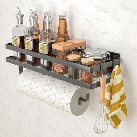 CYRILL-Etagere Murale Cuisine, Rangement Epices Cuisine avec 4 Crochets et Porte-Rouleau de Cuisine, étagère Murale sans Percer pour Épices, Canettes, Pots, Ustensiles de Cuisine (1/5)
