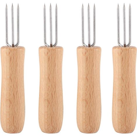 4 fourchettes à viande et fruits en acier inoxydable avec manche en bois, support à maïs pour barbecue (1/5)
