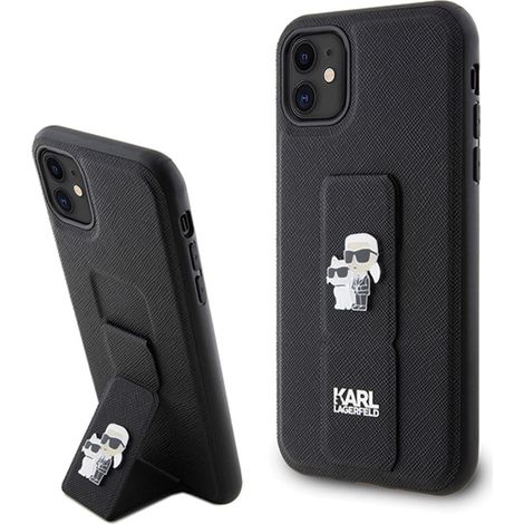 Karl Lagerfeld Gripstand Saffiano Karl & Choupette Pins - iPhone 11 Hülle (Schwarz) (1/5)