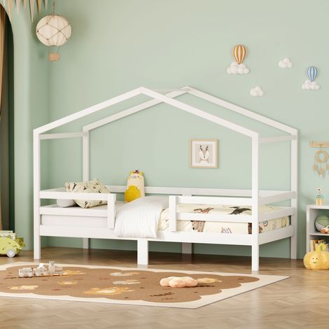 Cama infantil tipo cabaña de 90 x 200 cm en madera maciza de pino, para niñas y niños, con techo en forma de cabaña, barandillas de seguridad en tres lados y somier de láminas de pino incluido. Colchó (1/5)