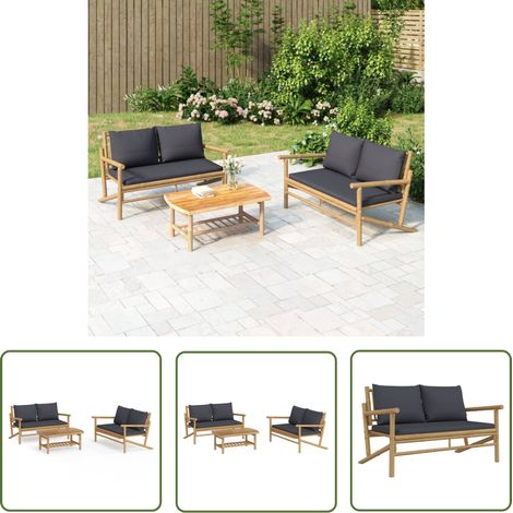 The Living Store Salon de jardin 3 pcs avec coussins gris foncé bambou - Salon De Jardin - Mobilier De Jardin - Ensemble De Salon - Meubles En Bambou - Set De Jardin (1/5)