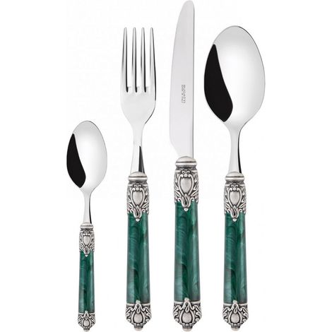 Set posate 24 pezzi in scatola Compact Rinascimento ghiera argento antico Verde Marmorizzato Bugatti
