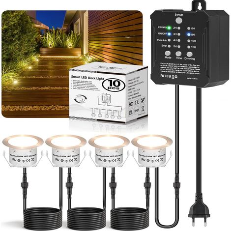 Pack de 10 Lampes de terrasse dimmables avec minuterie de transformateur basse tension et capteur de cellules photoélectriques, IP67, 32 mm, pour jardin, jardin, patio, sol, décoration d’escalier, bla