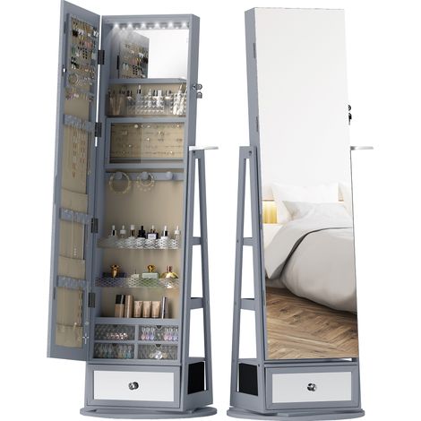 Miroir à bijoux LED avec armoire, miroir pivotant 360°, tiroir et serrure, gris clair