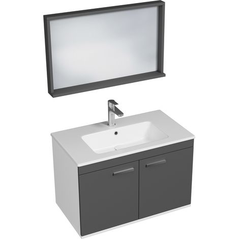 RUBITE Meuble salle de bain simple vasque 2 portes gris anthracite largeur 80 cm + miroir cadre