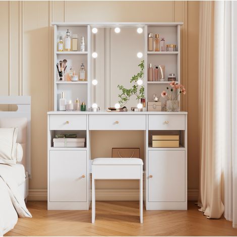 Toeletta 110x40x151 cm bianca in truciolare con specchio LED regolabile e sgabello (1/5)