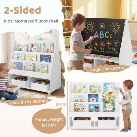 Bibliothèque enfant double face avec tableau noir et 2 cubes, rangement livres et jouets sur roulettes (1/5)